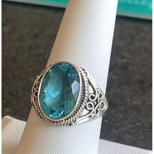 925 Sterling Silver Filigree Ring with Oval Blue Gemstone Size 7.5 – New‎
